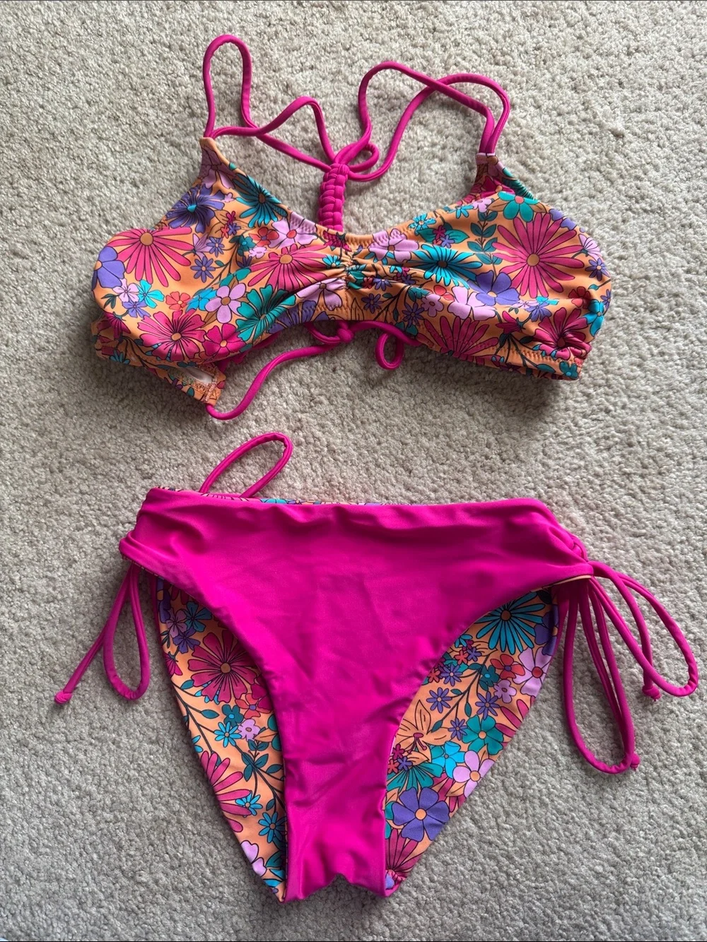 Girls' Floral Pink & Orange Two-Piece Swim Set XL reversible bottoms